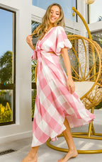 Bibi front bundet puffærmet rutet kjole med udskåret detaljer