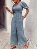 Tryckt fyrkantig nacke puffhylsa jumpsuit