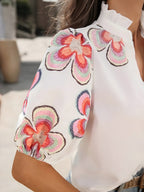 Floral Print Notched Puff Sleeve Blouse for Women