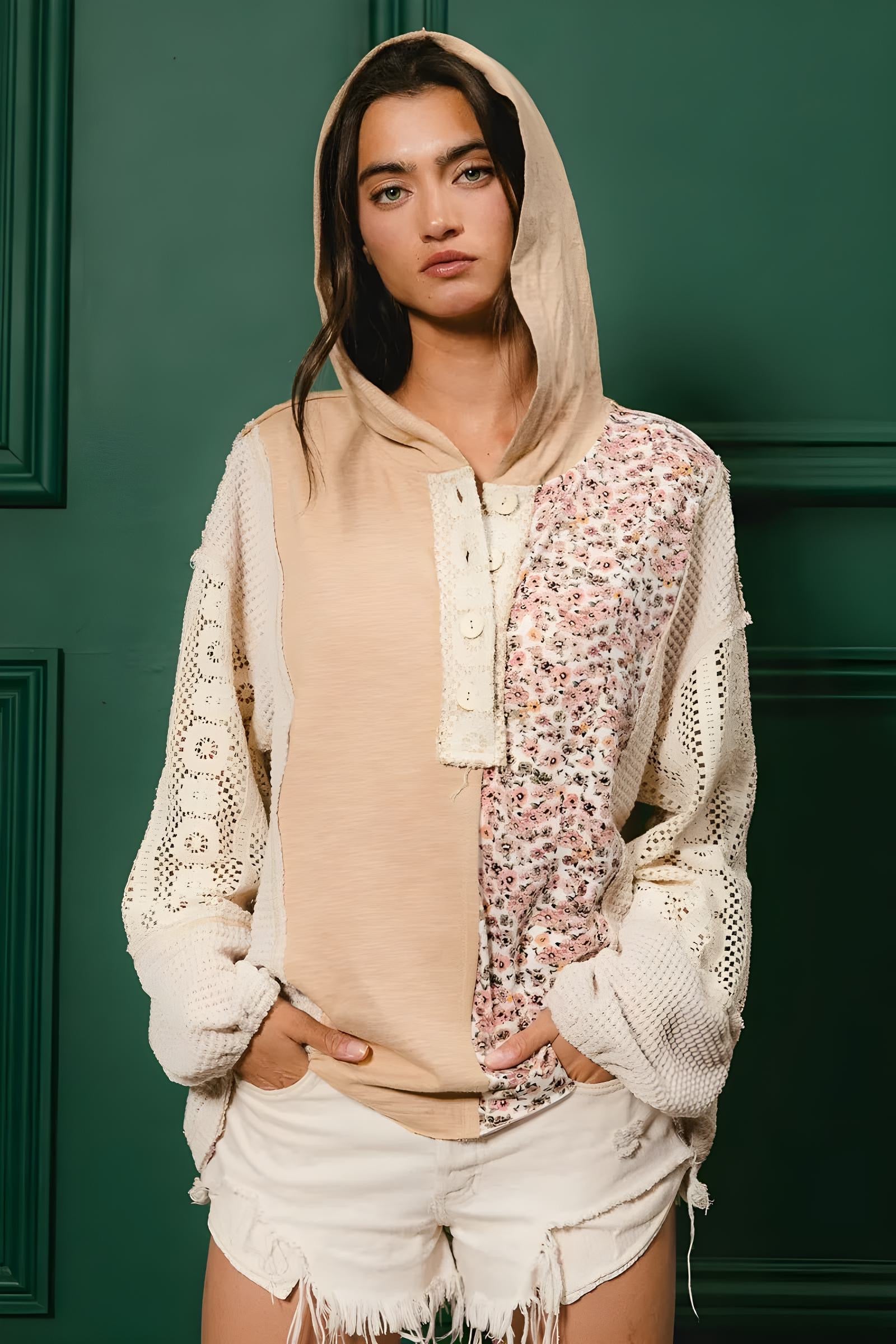 BiBi Slub Jersey with Lace Combo Buttoned Hoodie Top