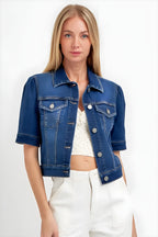 RISEN Puffed Short Sleeve Cropped Denim Jacket