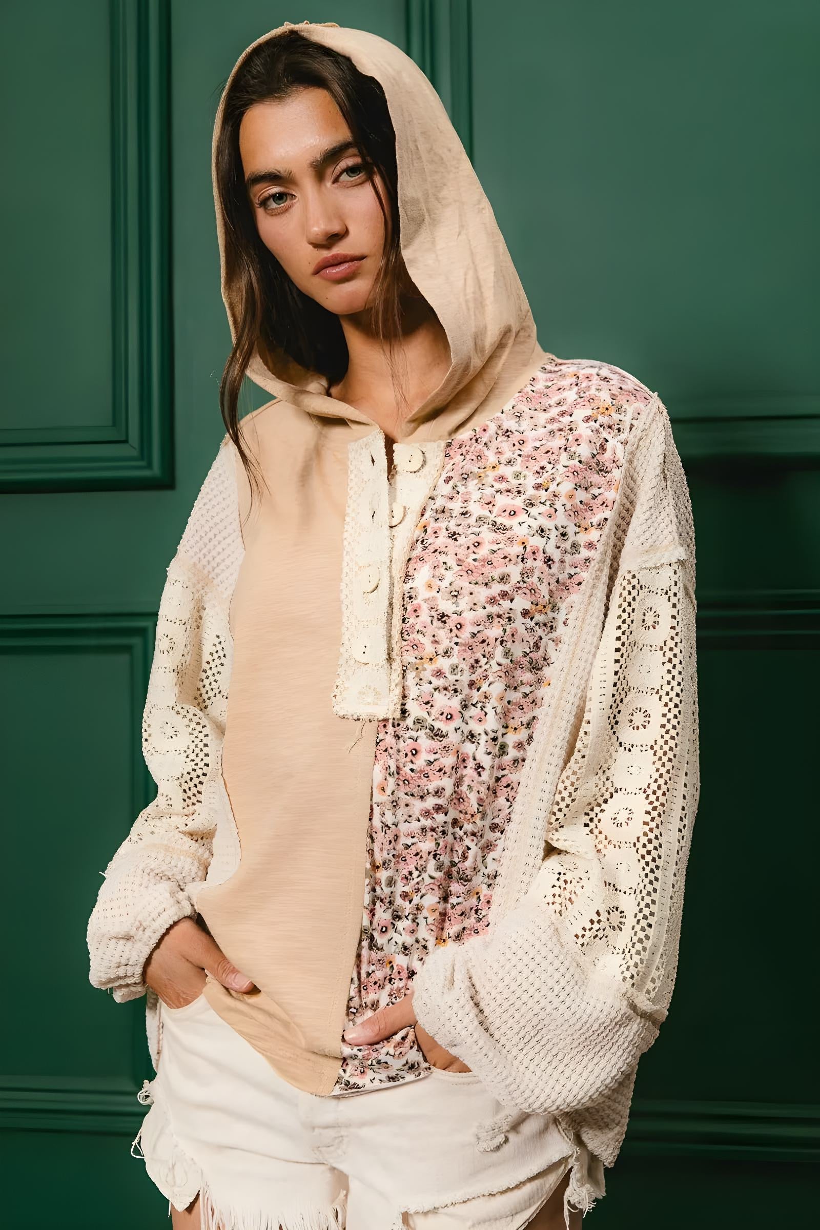 BiBi Slub Jersey with Lace Combo Buttoned Hoodie Top