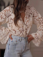 Lace Button-Up Long Sleeve Shirt for Women