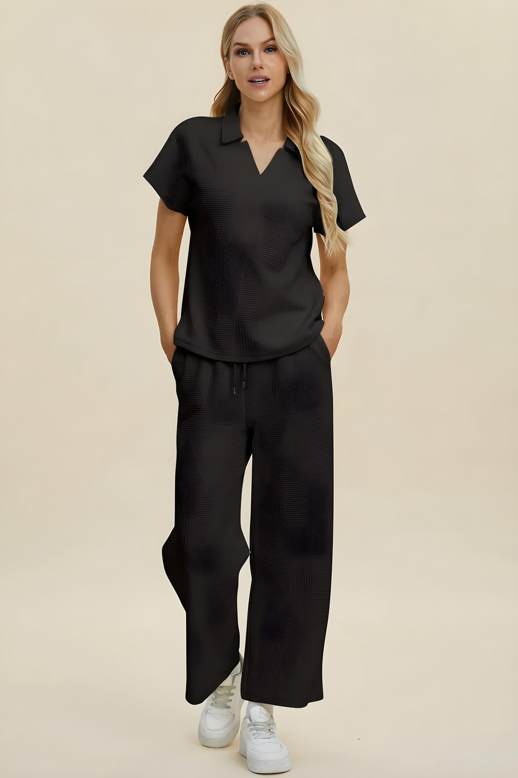 Conjunto de blusa de manga corta con cuello y pantalones de talla completa Double Take