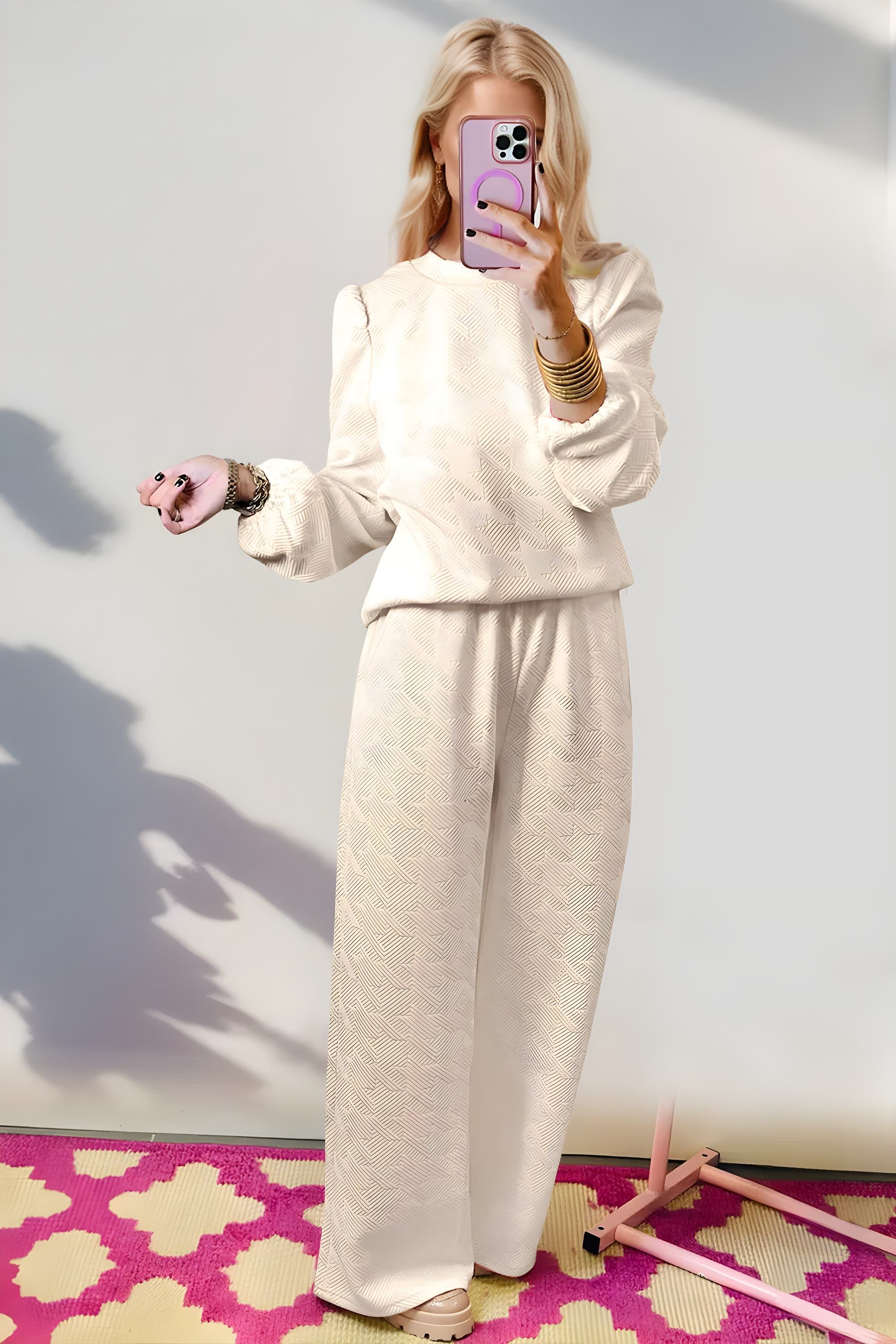 Textured Long Sleeve Top & Wide Leg Pants Set for Women