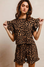 Bibi Leopard Print Waffle Texture Layered Ruffle Sleeve Top and Shorts Set