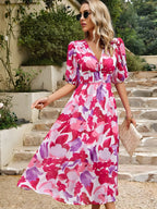 Midi -jurk met gedrukte puff mouw