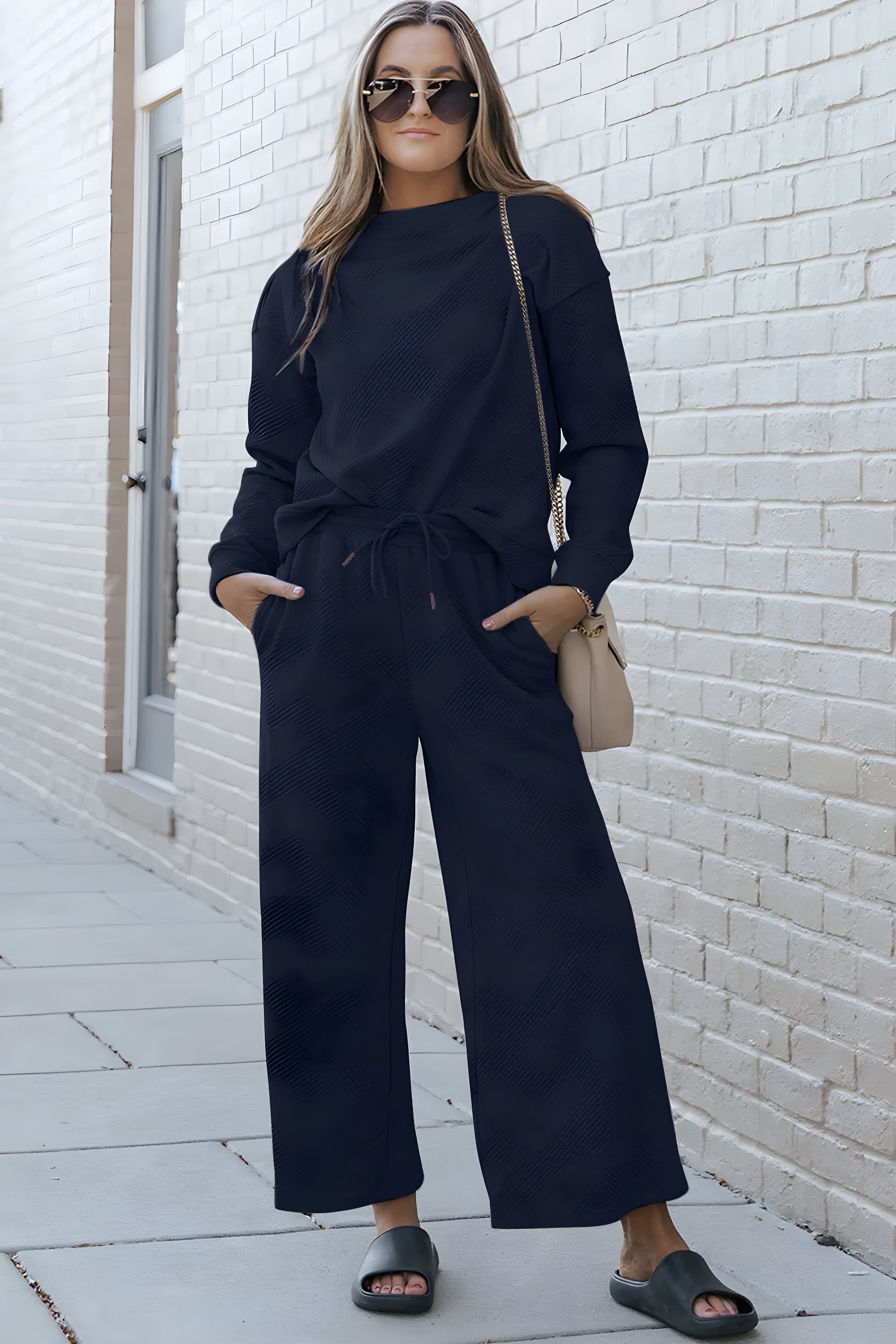 Dobbelt ta full størrelse teksturert langermet topp og snor bukser sett