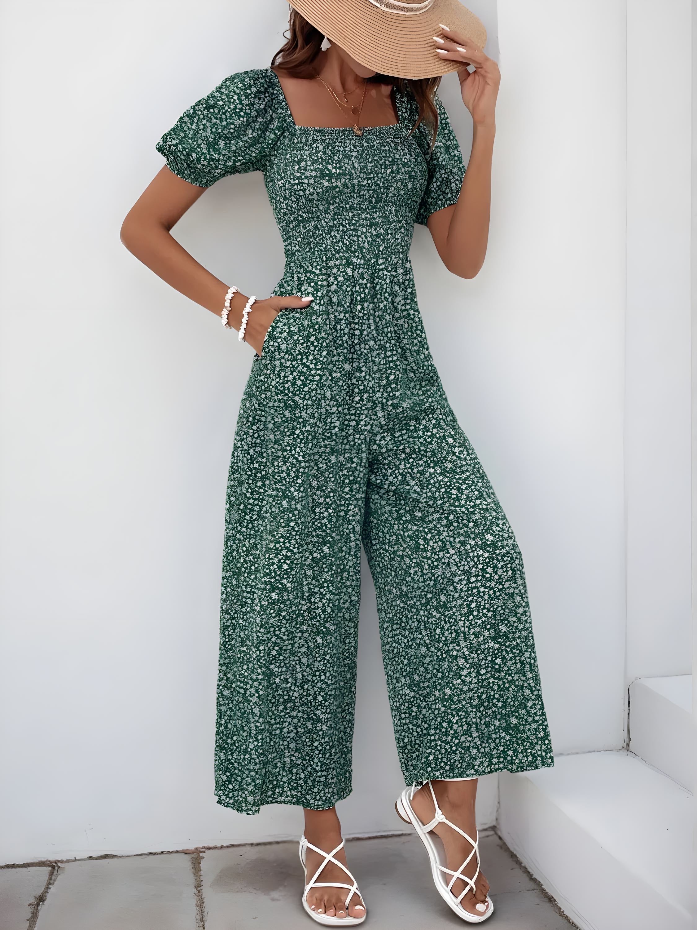 جمبسوت مطبوع برقبة مربعة وأكمام منتفخة