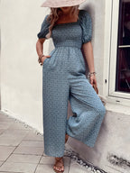 Tryckt fyrkantig nacke puffhylsa jumpsuit