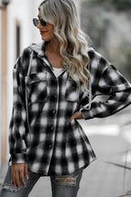 Double Take Drawstring Plaid Long Sleeve Hooded Shacket - Modanista Fashion