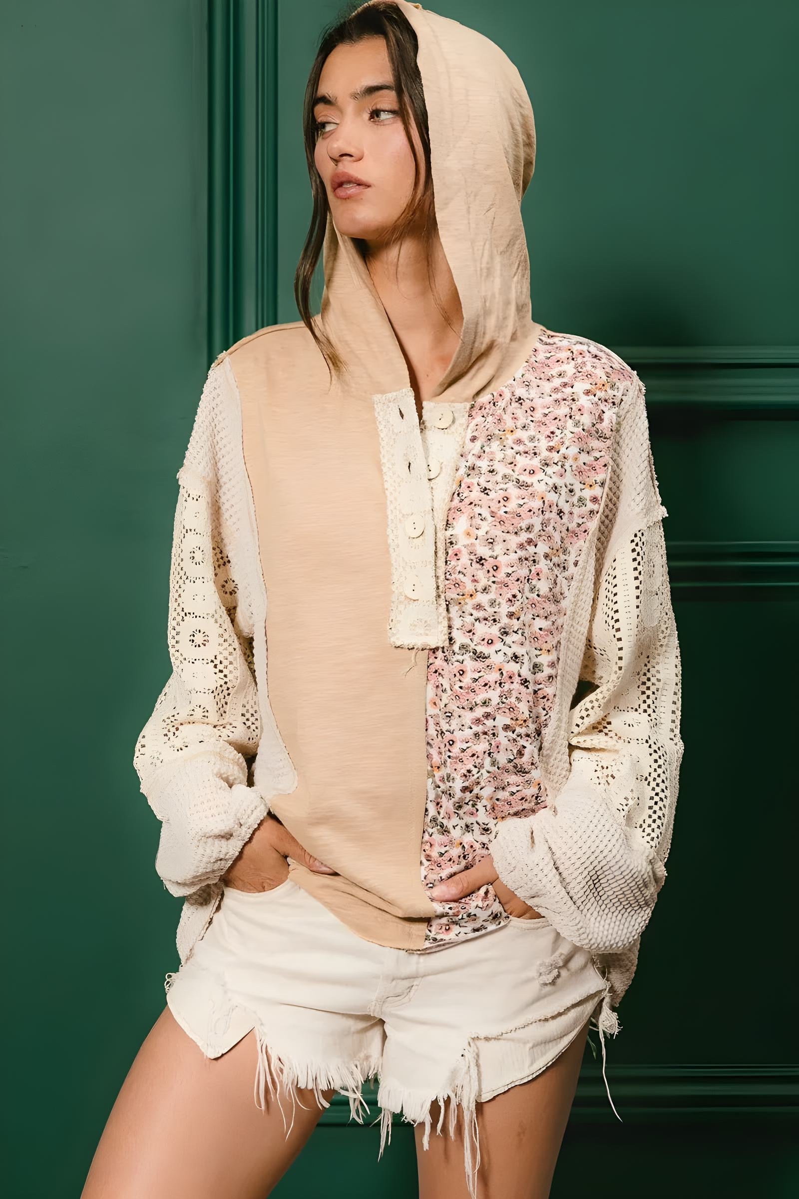 BiBi Slub Jersey with Lace Combo Buttoned Hoodie Top