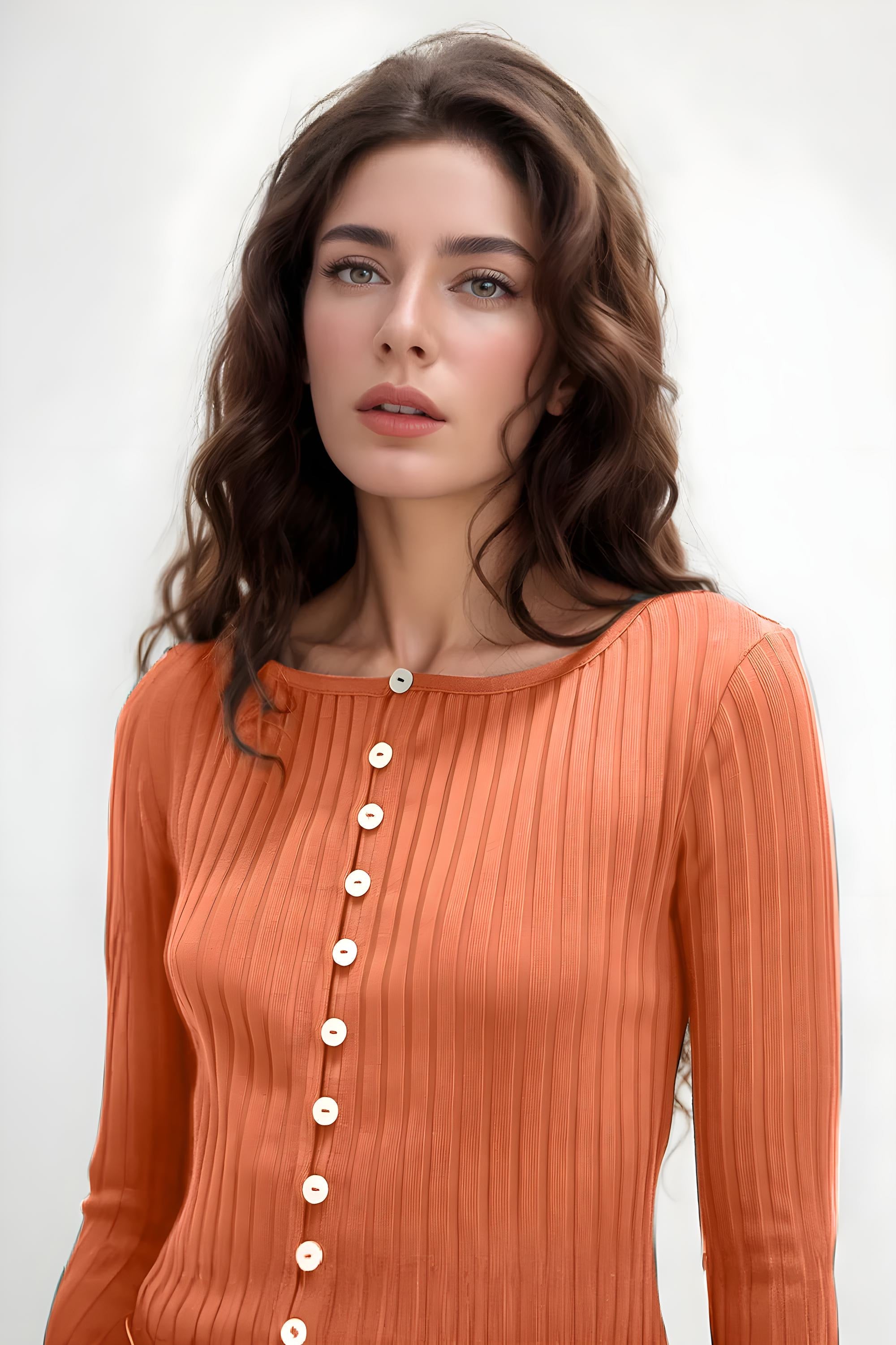 Textured Button-Up Round Neck Long Sleeve Top for Women