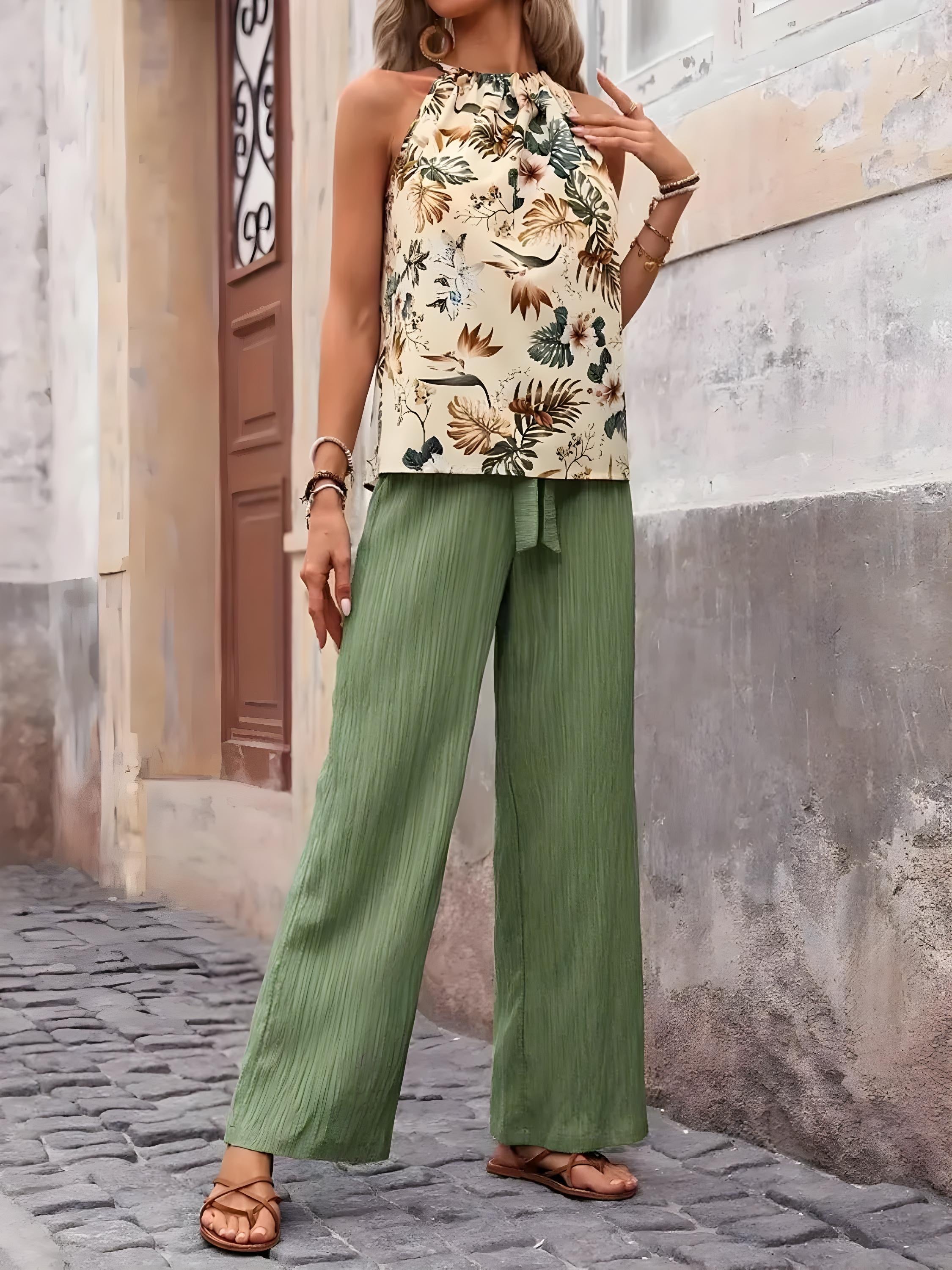 Potištěné nádrž a široké kalhoty nohou