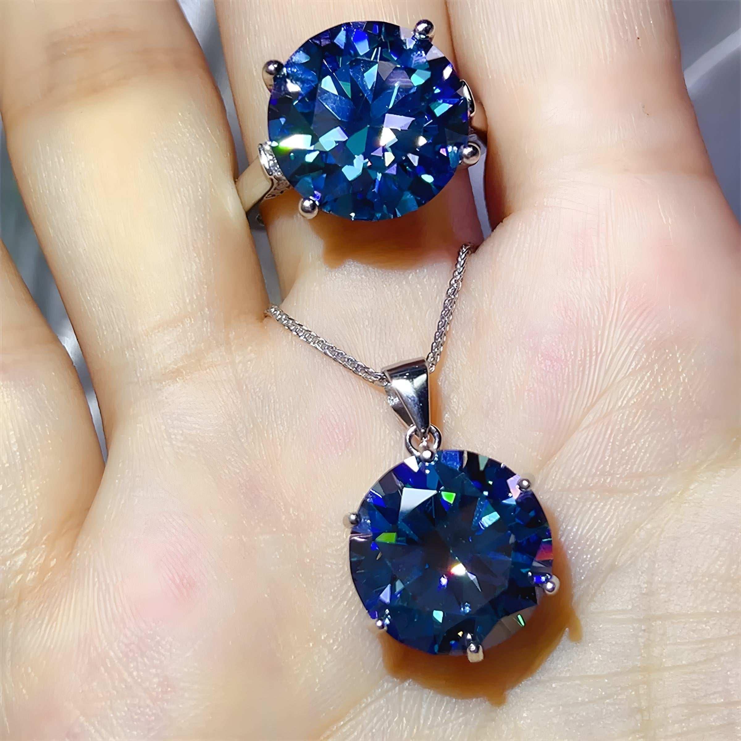 10 Ct Sapphire Blue Moissanite 925 Sterling Silver Ring & Necklace Set - Modanista Fashion