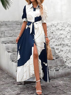 Tištěné knoflíky dolů po půl rukávu maxi košile šaty