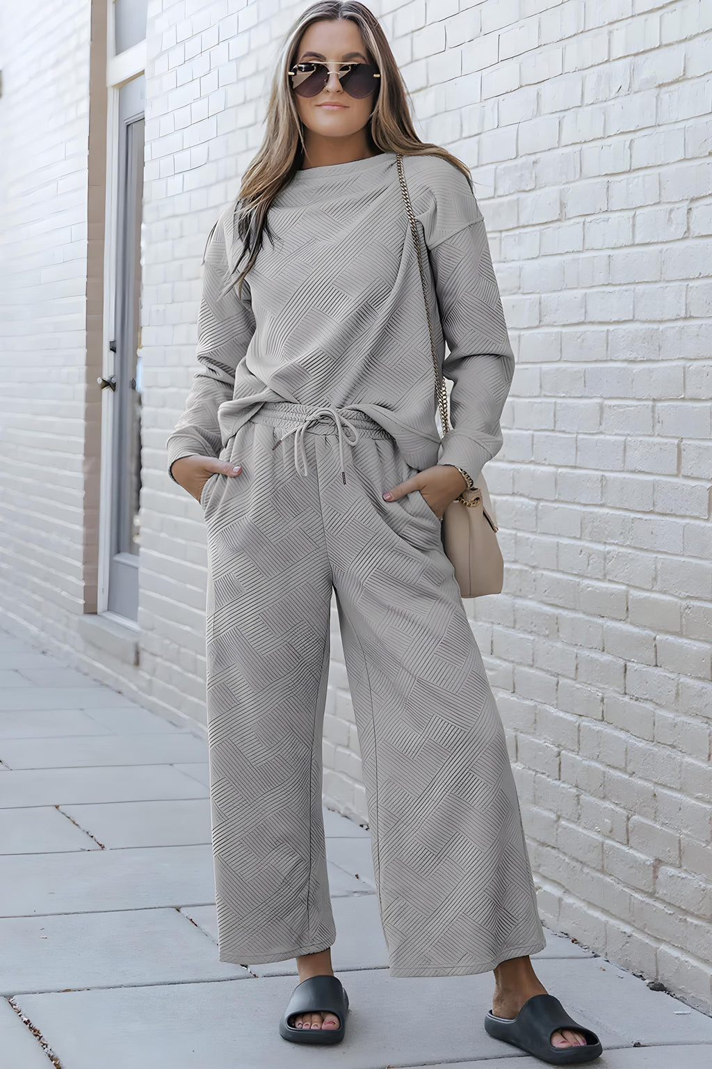 Dobbelt ta full størrelse teksturert langermet topp og snor bukser sett