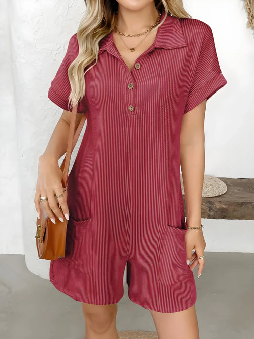 Button Detail Collared Neck Short Sleeve Romper - Modanista Fashion