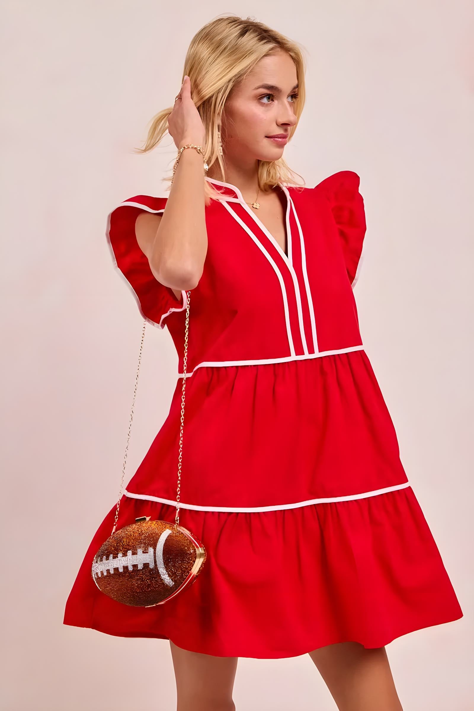 BiBi Gameday Theme Contrast Binding Ruffled Dress