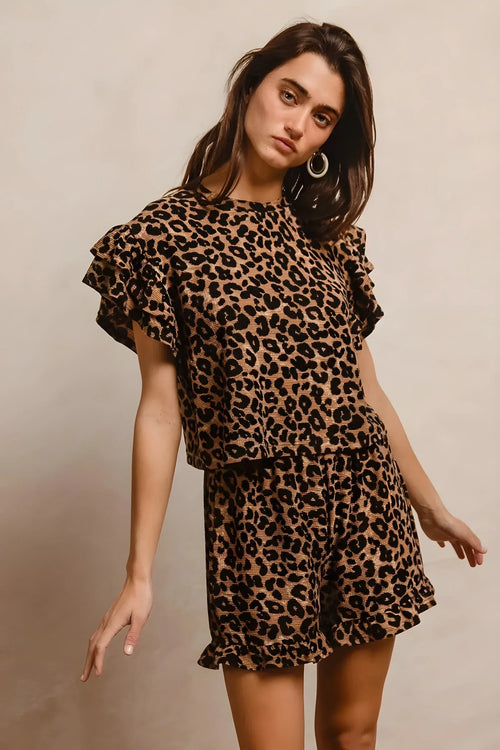 BiBi Leopard Print Waffle Texture Layered Ruffle Sleeve Top and Shorts Set - Modanista Fashion