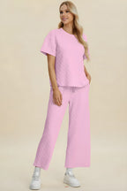Double Take Full Size Texture Round Neck Short Sleeve Top and Pants Set