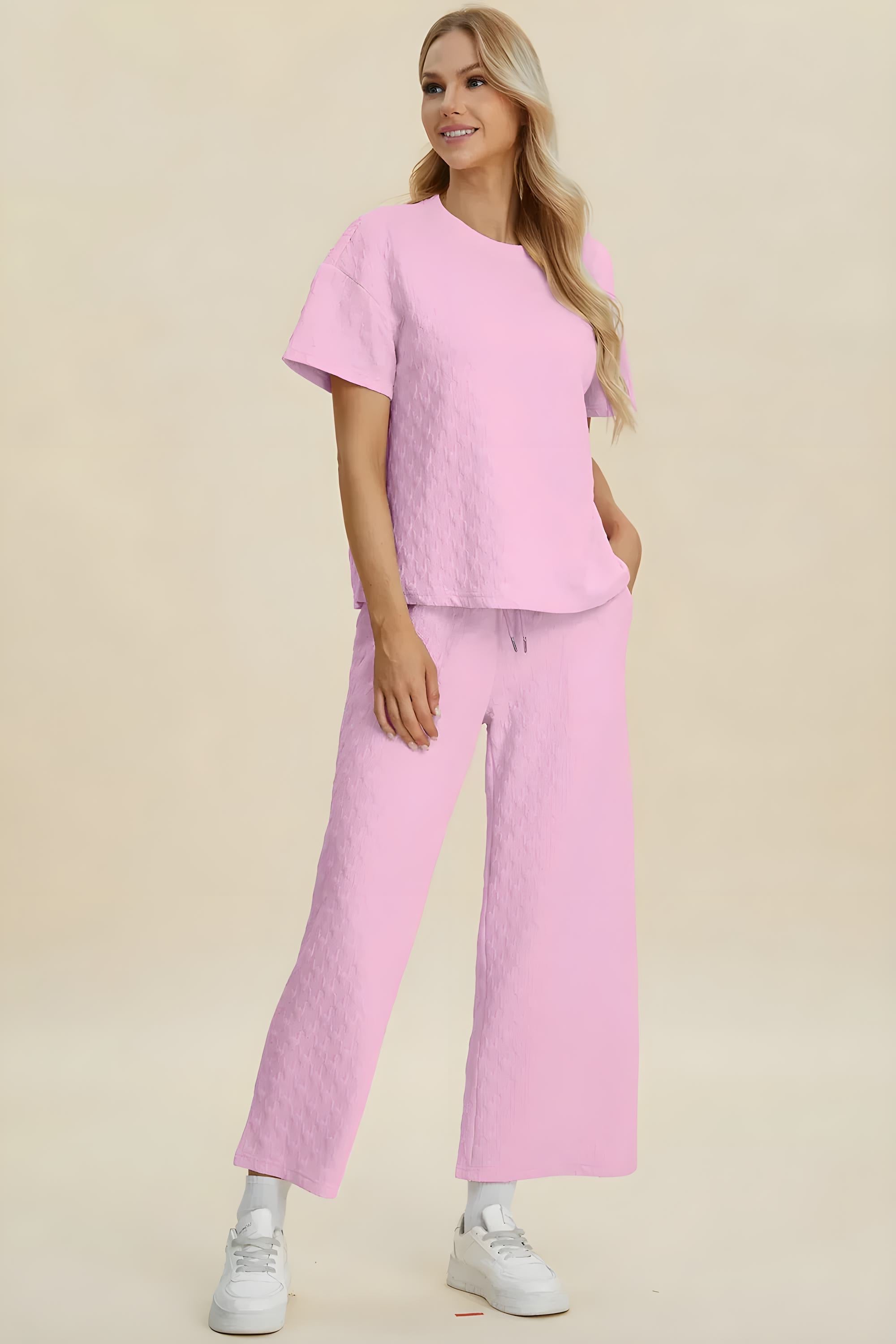 Double Take Full Size Texture Round Neck Short Sleeve Top and Pants Set