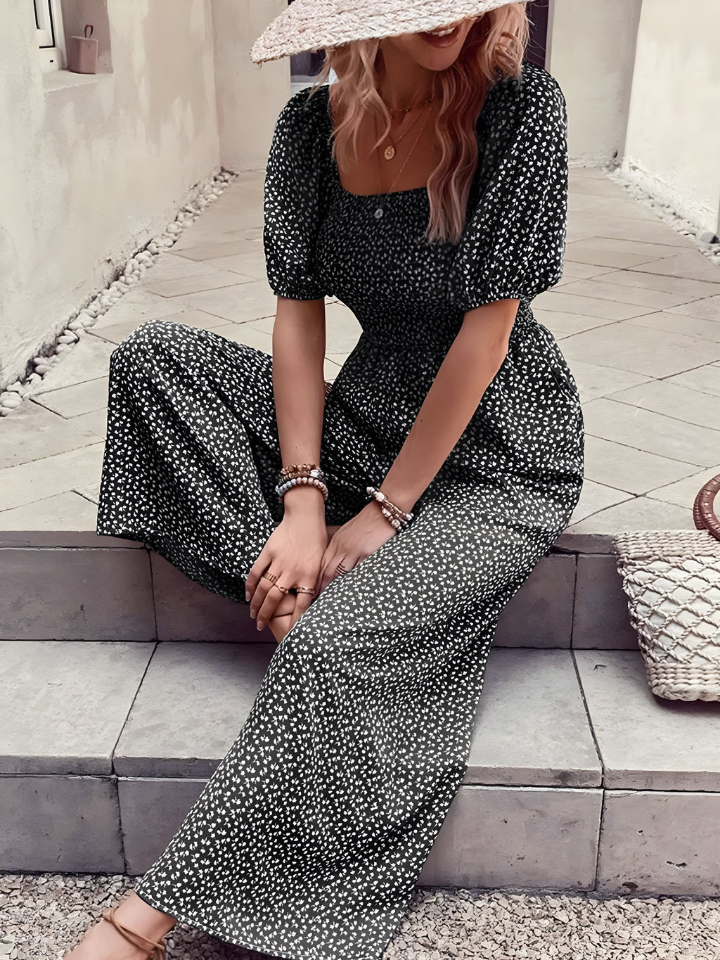 Tryckt fyrkantig nacke puffhylsa jumpsuit