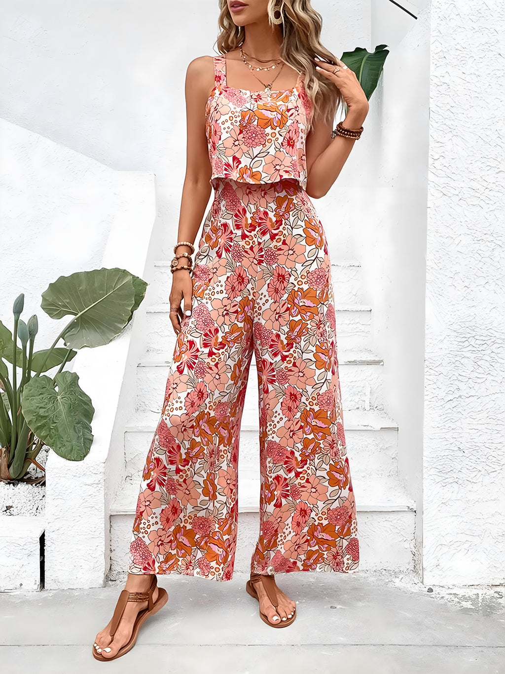 フローラルプリント ノースリーブ ワイドレッグ ジャンプスーツ