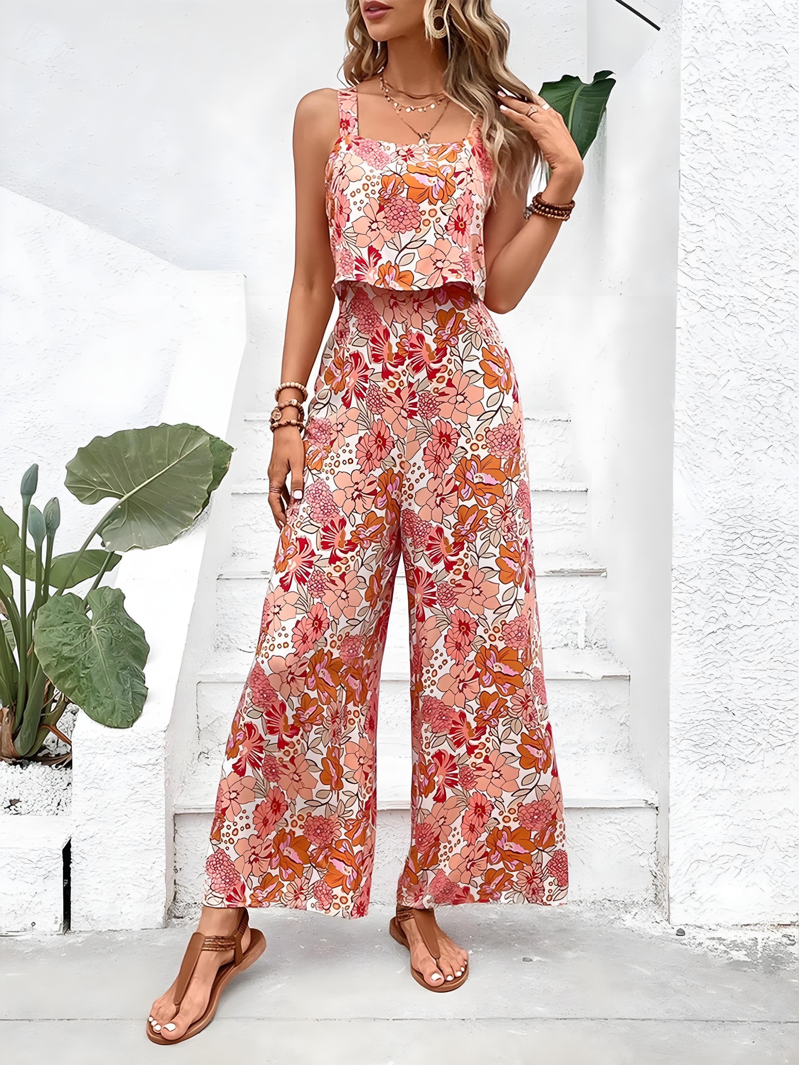 フローラルプリント ノースリーブ ワイドレッグ ジャンプスーツ