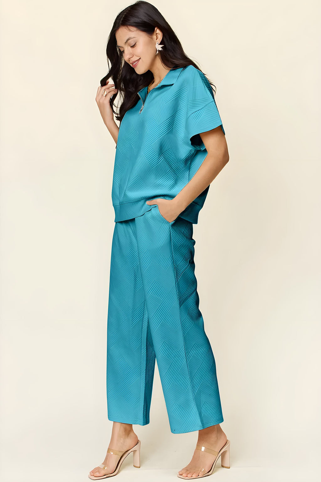 Dobbelt ta full størrelse tekstur halv glidelås korte ermet topp og bukser sett