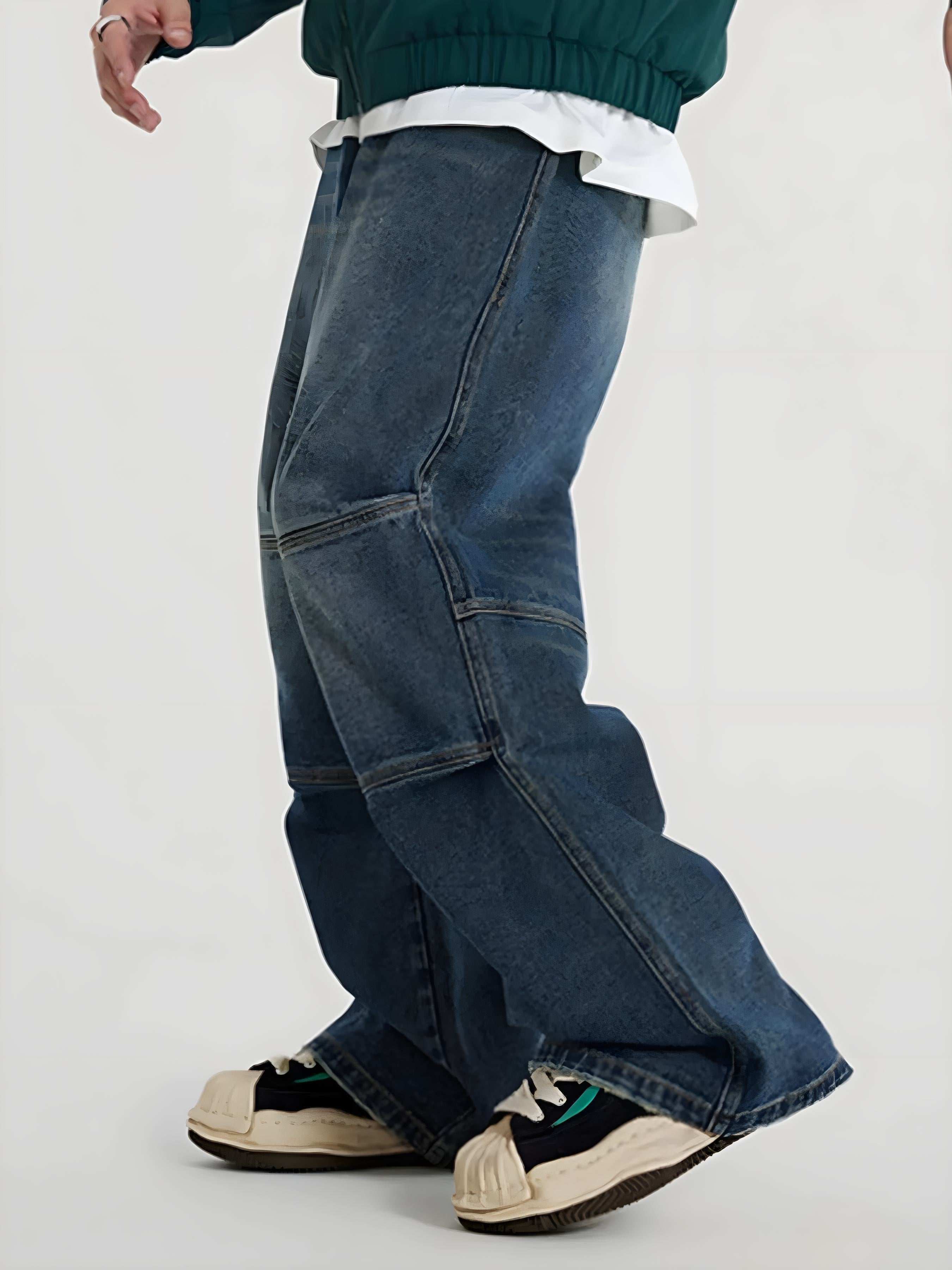 Men’s Vintage Wide-Leg Utility Jeans with Multi-Panel Design