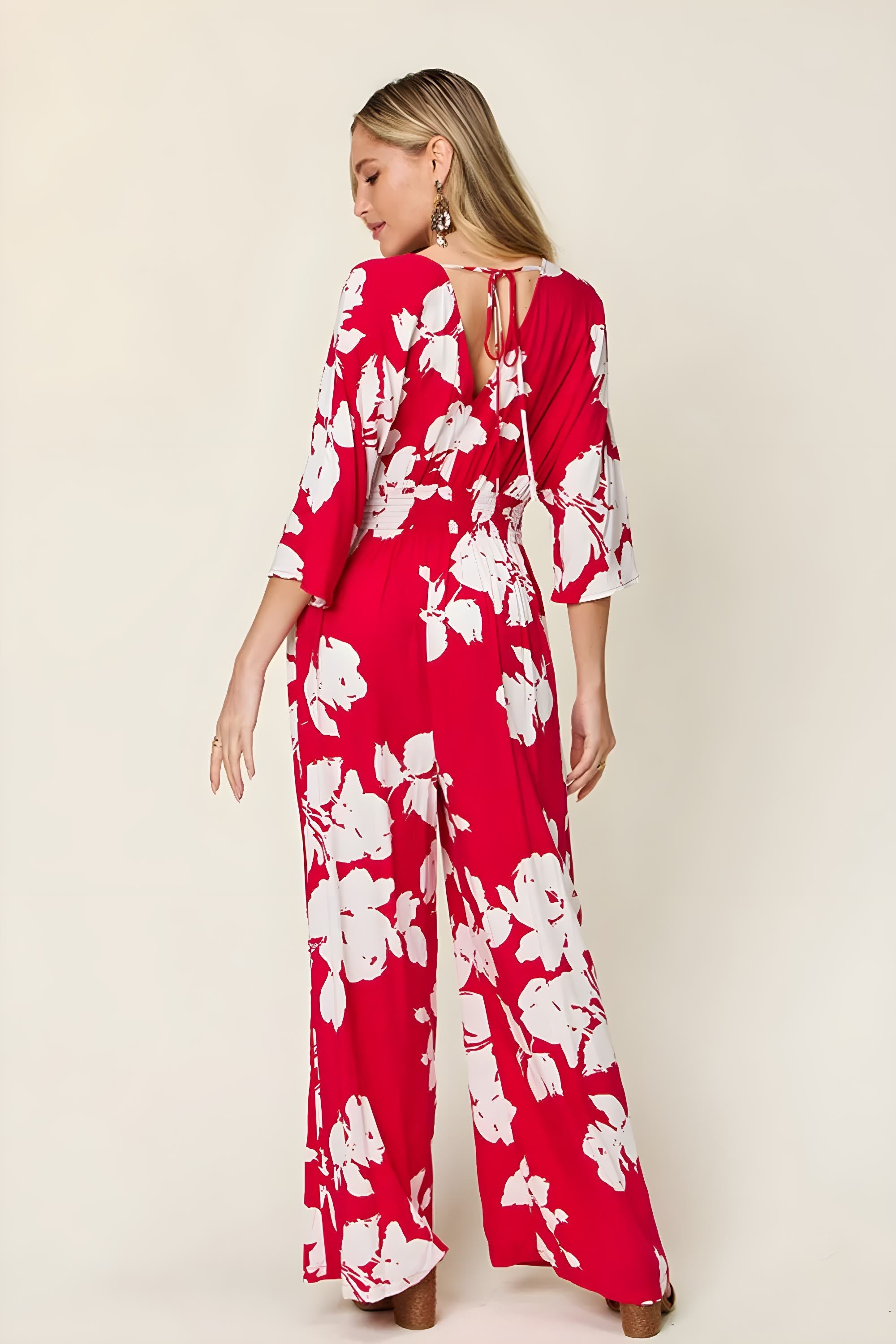 Dobbelt ta full størrelse trykt slips tilbake bredde jumpsuit