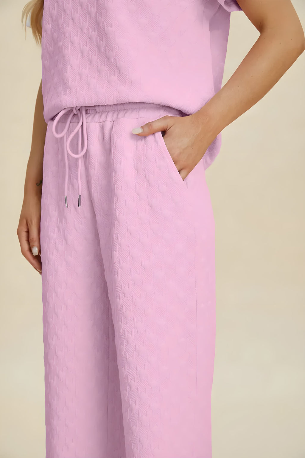 Double Take Full Size Texture Round Neck Short Sleeve Top and Pants Set