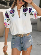 Floral Print Notched Puff Sleeve Blouse for Women