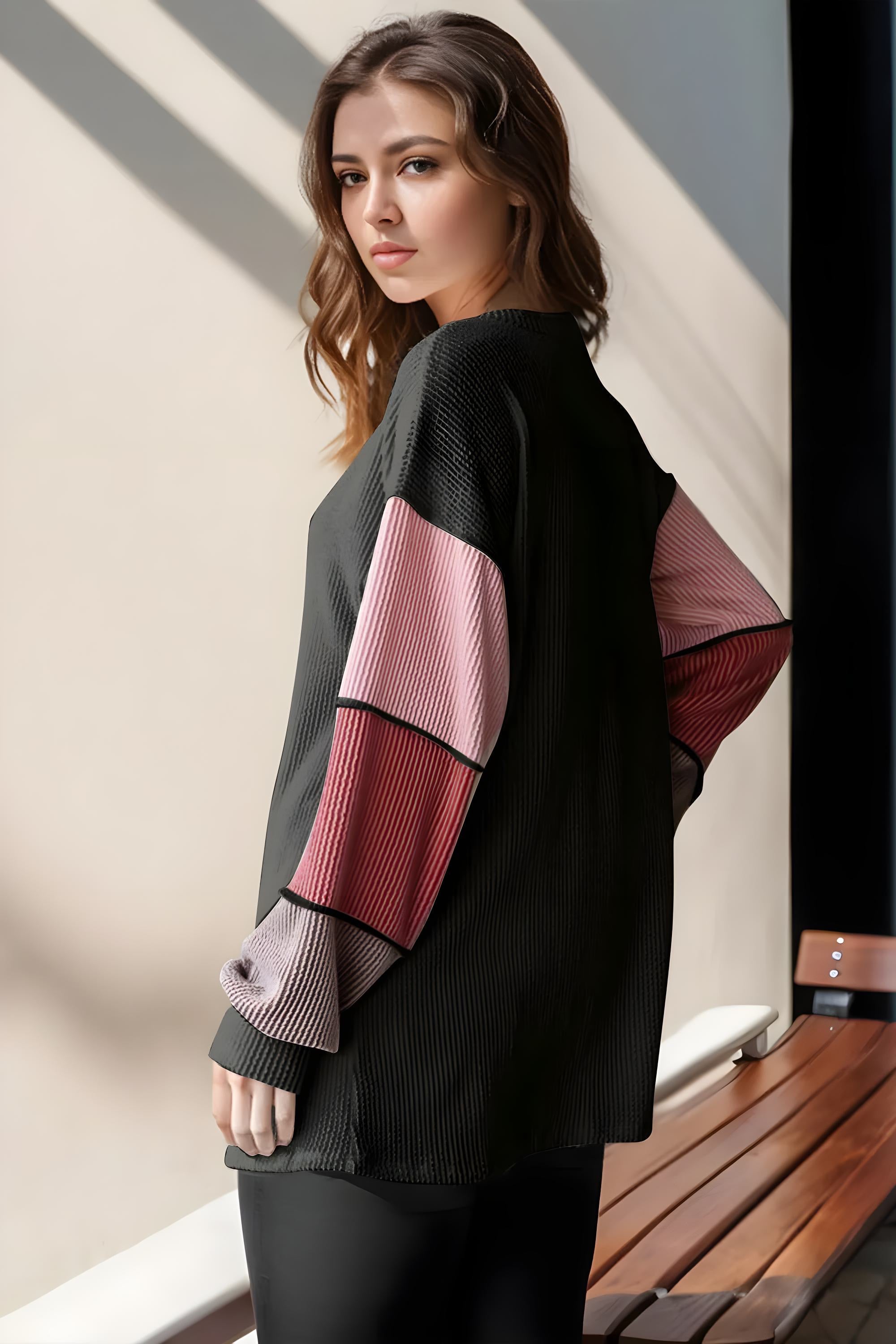 Full-Size Color Block Round Neck Long Sleeve T-Shirt