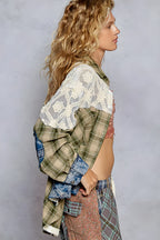 POL Lace Patchwork Plaid Oversized Shirt for Women