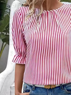 Striped Round Neck Half Sleeve Casual Blouse for Women