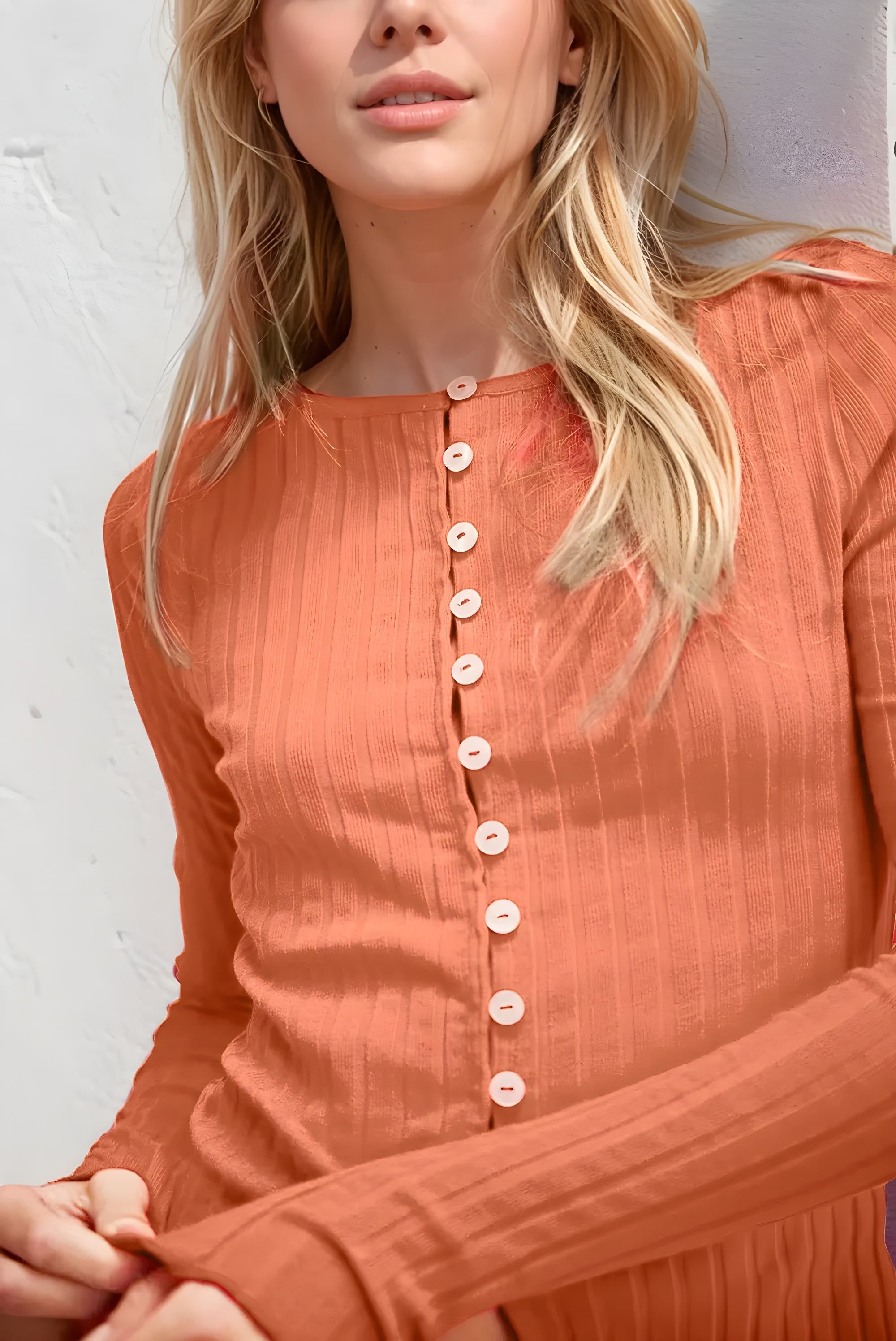 Textured Button-Up Round Neck Long Sleeve Top for Women