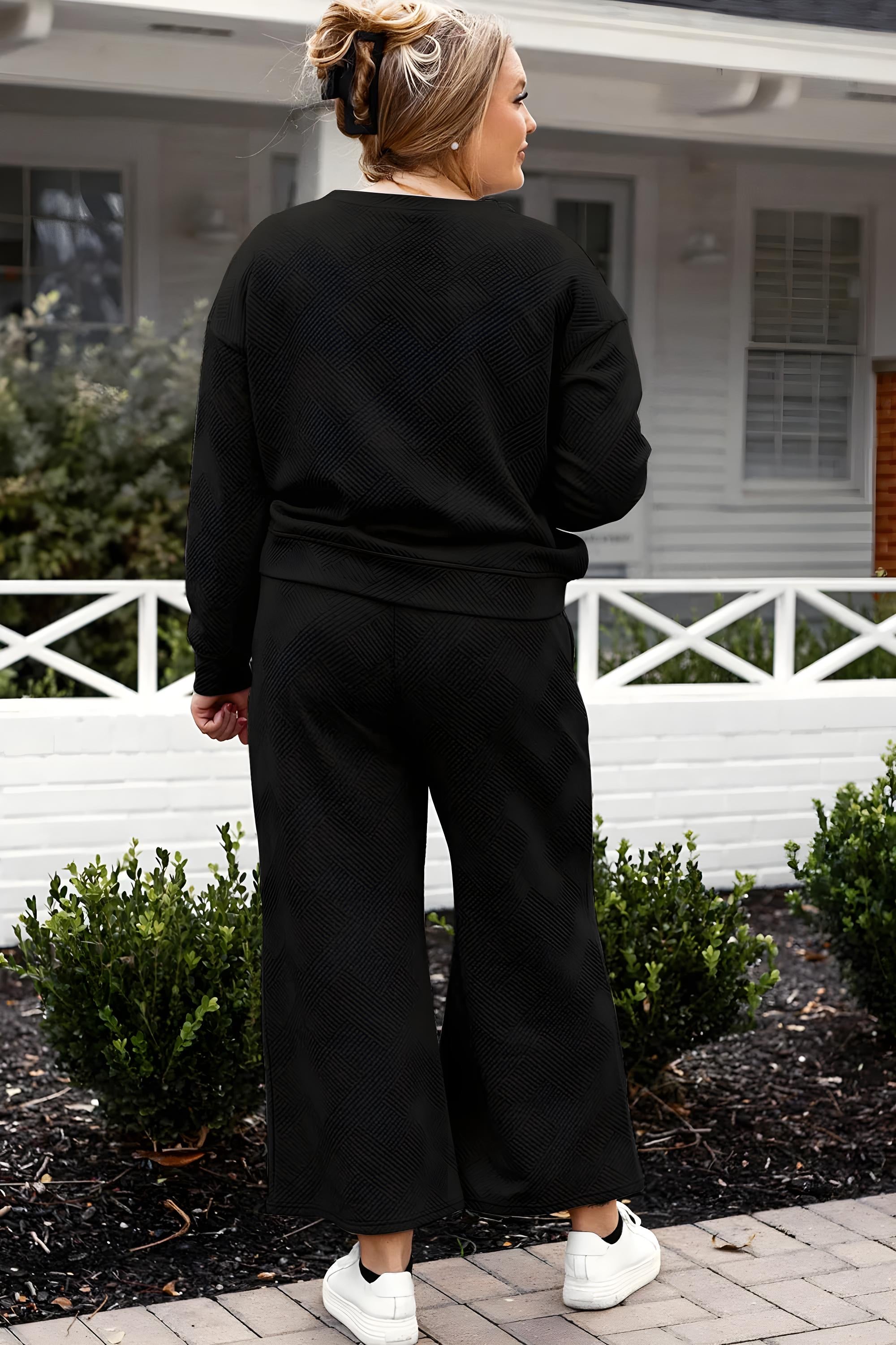 Dobbelt ta full størrelse teksturert langermet topp og snor bukser sett