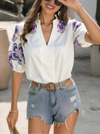 Floral Print Notched Puff Sleeve Blouse for Women