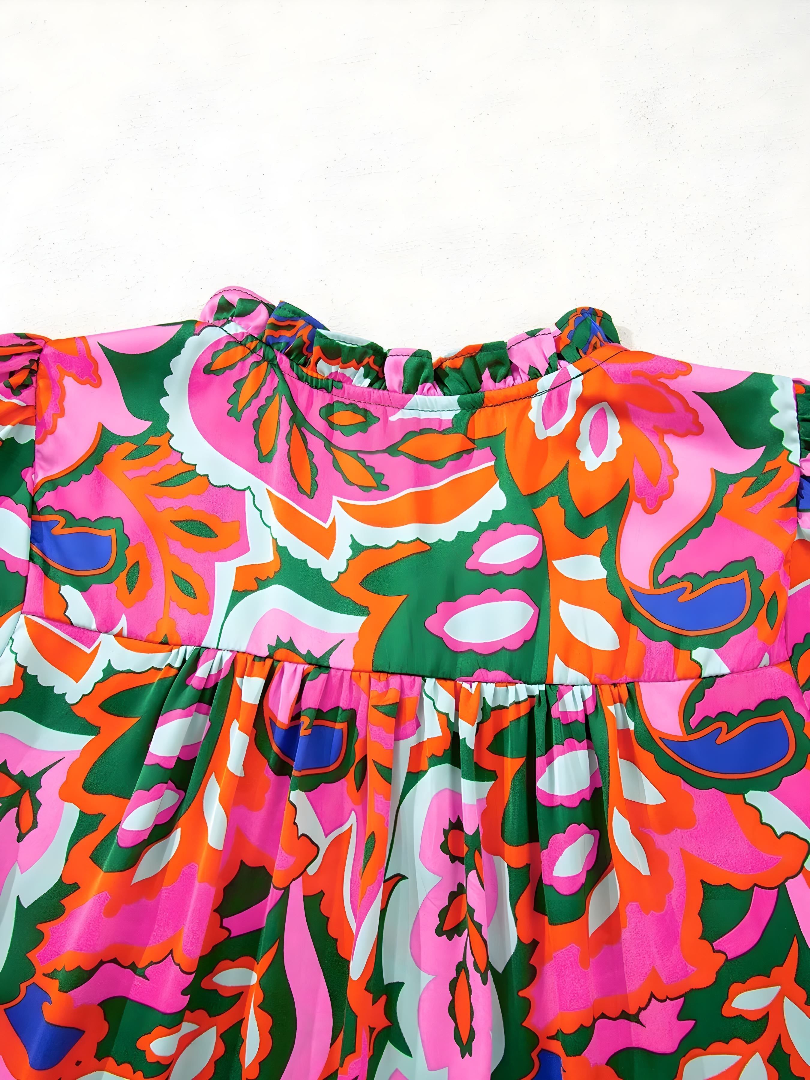 Tropical Print Kurzärmel Binde Halsbluse