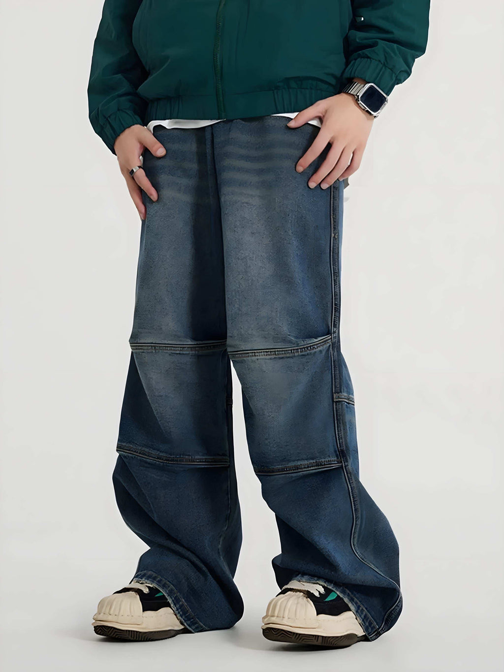 Men’s Vintage Wide-Leg Utility Jeans with Multi-Panel Design