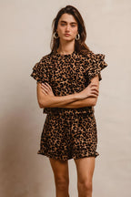 Bibi Leopard Print Waffle Texture Layered Ruffle Sleeve Top and Shorts Set
