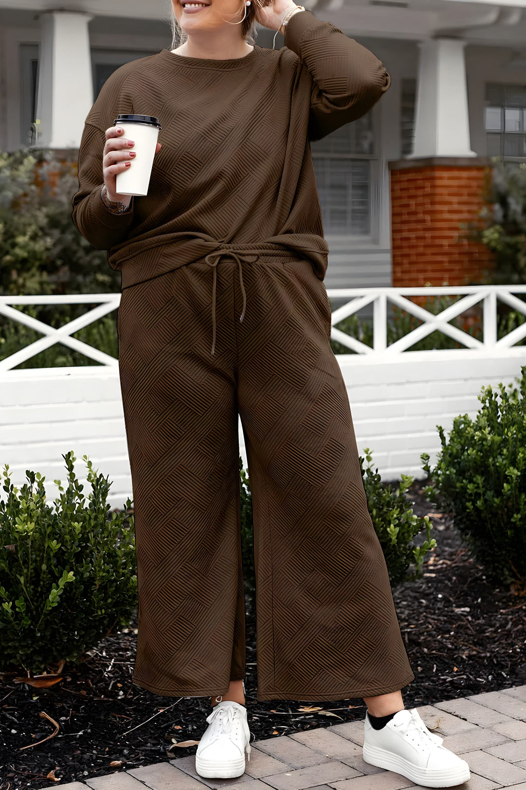 Dobbelt ta full størrelse teksturert langermet topp og snor bukser sett