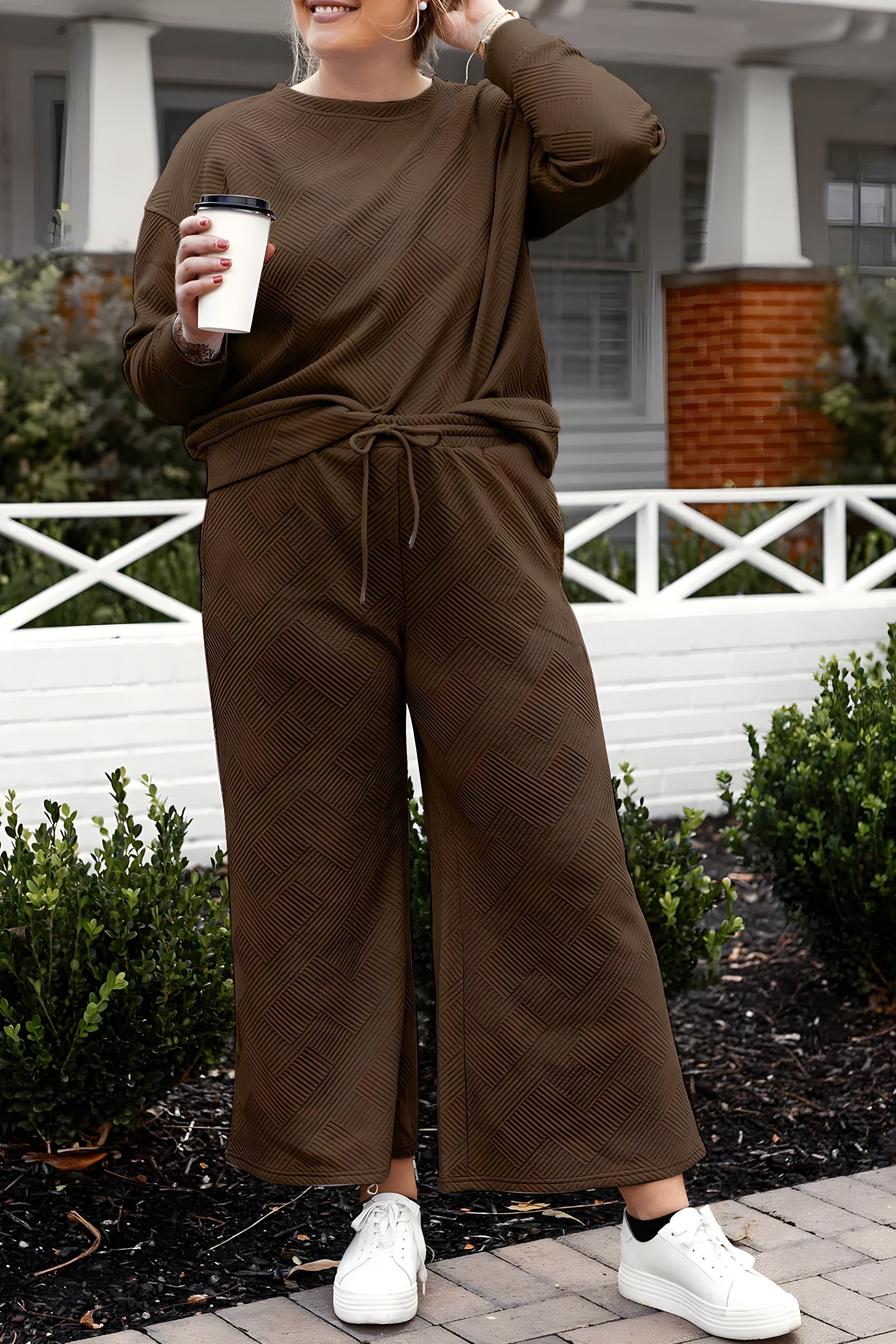 Dobbelt ta full størrelse teksturert langermet topp og snor bukser sett