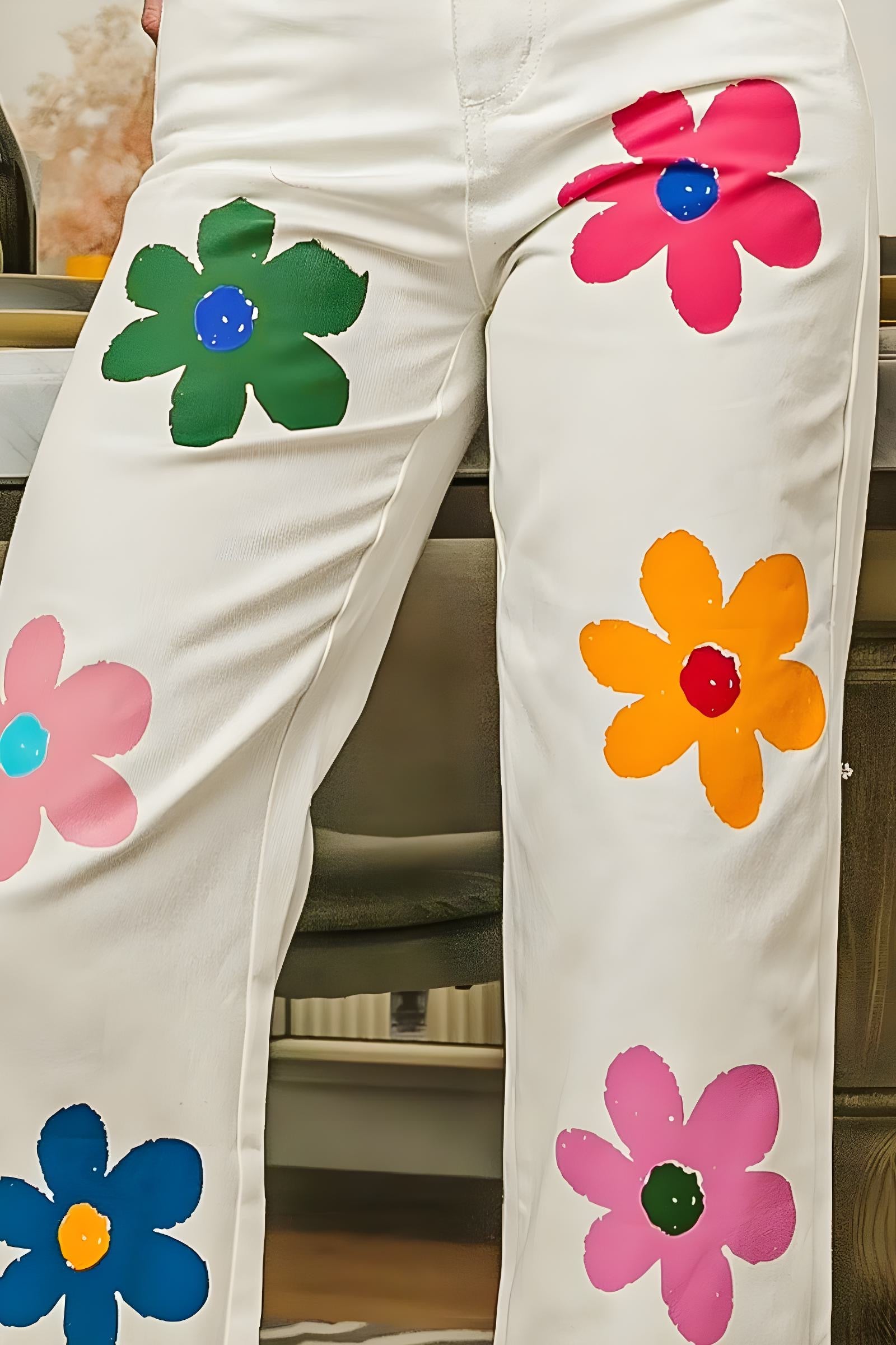 Bibi blomma tryck raka ben byxor