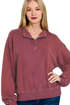 Zenana F/Terry Pigment Dye & Enzyme Wash Half-Zip Top for Women