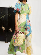 Rochie cu mânecă cu mânecă cu gât rotund imprimat