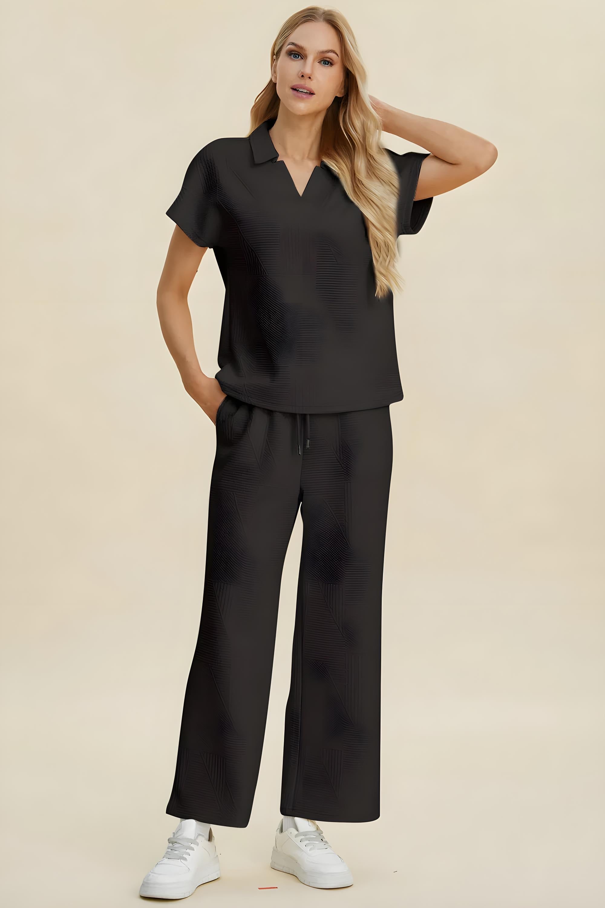 Conjunto de blusa de manga corta con cuello y pantalones de talla completa Double Take