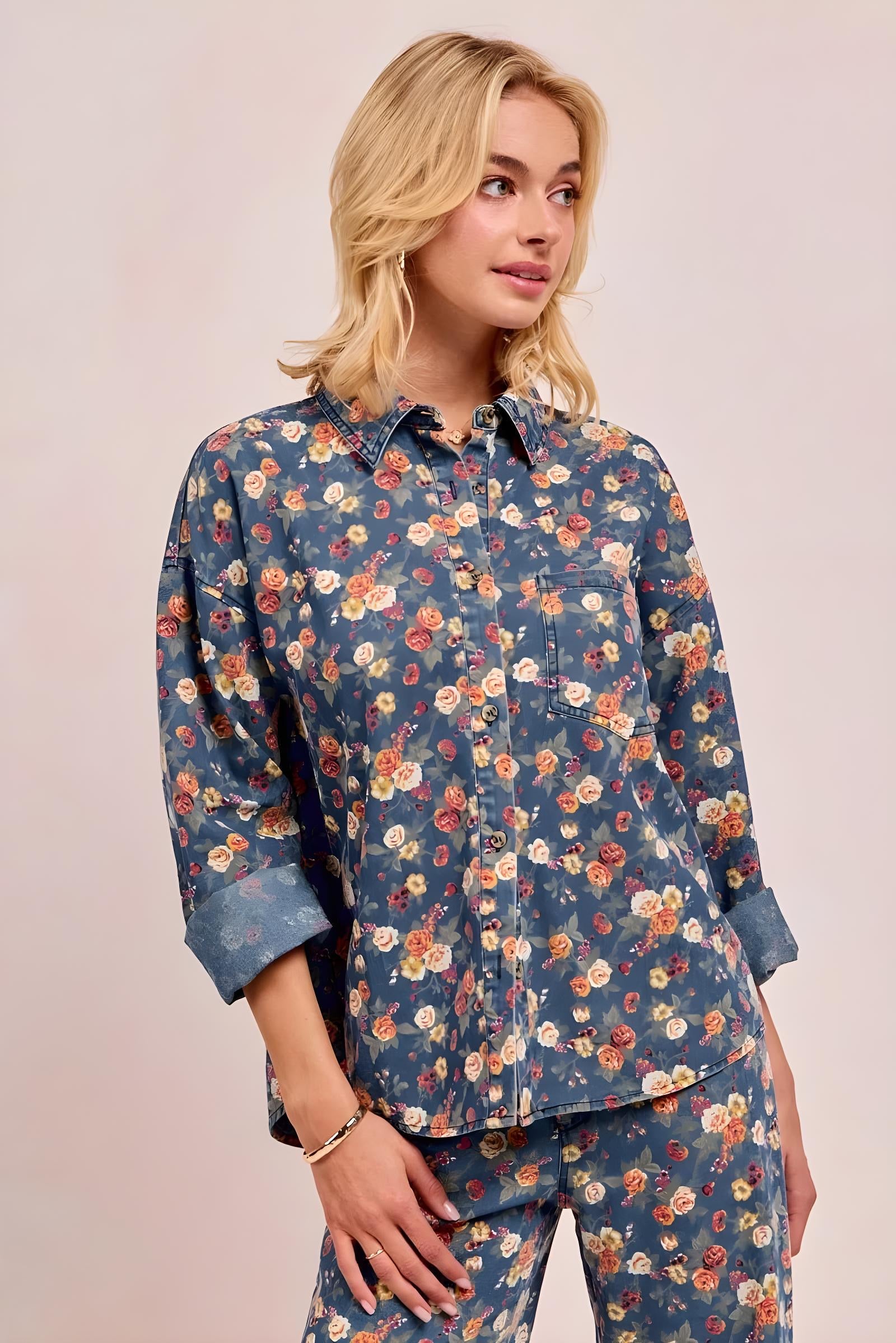 BiBi Washed Floral Print Denim Jacket for Women